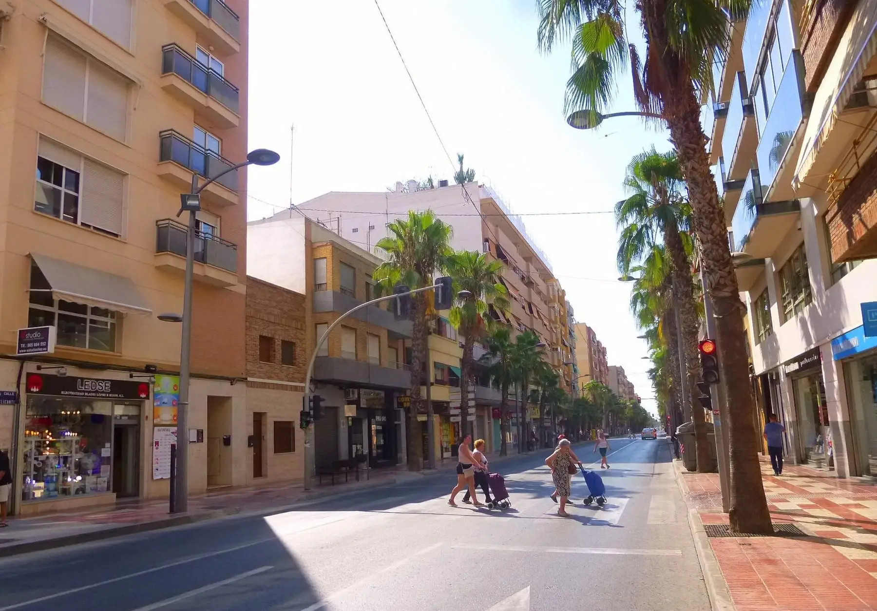 A palm-lined street in San Vicente del Raspeig, with apartment blocks and shops on both sides.